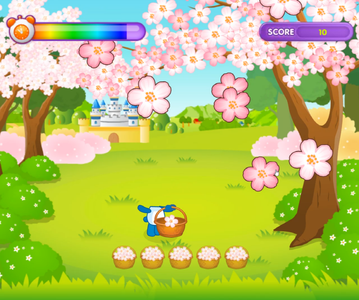 꽃바구니-만들기-플래시게임-플레이-나무에서-떨어지는-꽃잎을-바구니에-넣는-화면