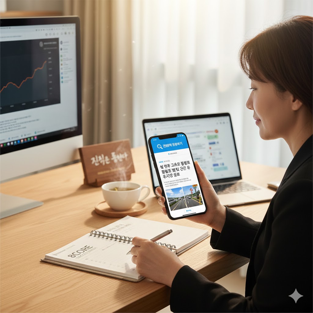 금요일 아침, 다이아몬드 마스터 리더가 한 주간의 8Core 기록지를 검토하며 따뜻한 차를 마시는 평화로운 모습