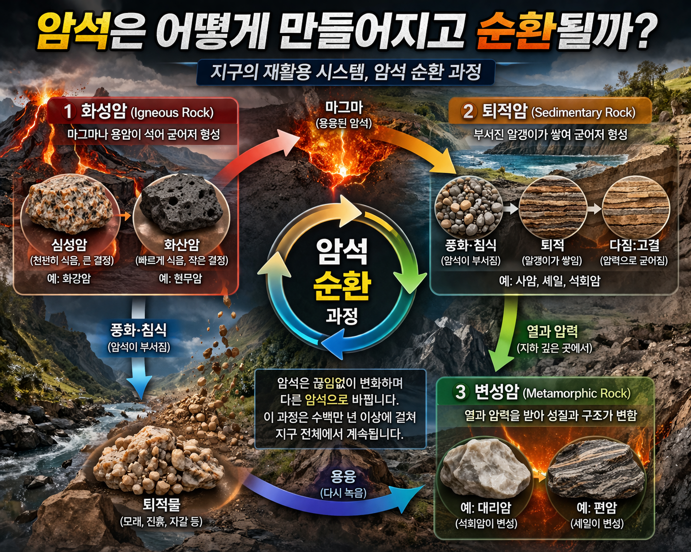 암석은 어떻게 만들어지고 순환될까 (화성암·퇴적암·변성암 핵심 원리 완전 정리)