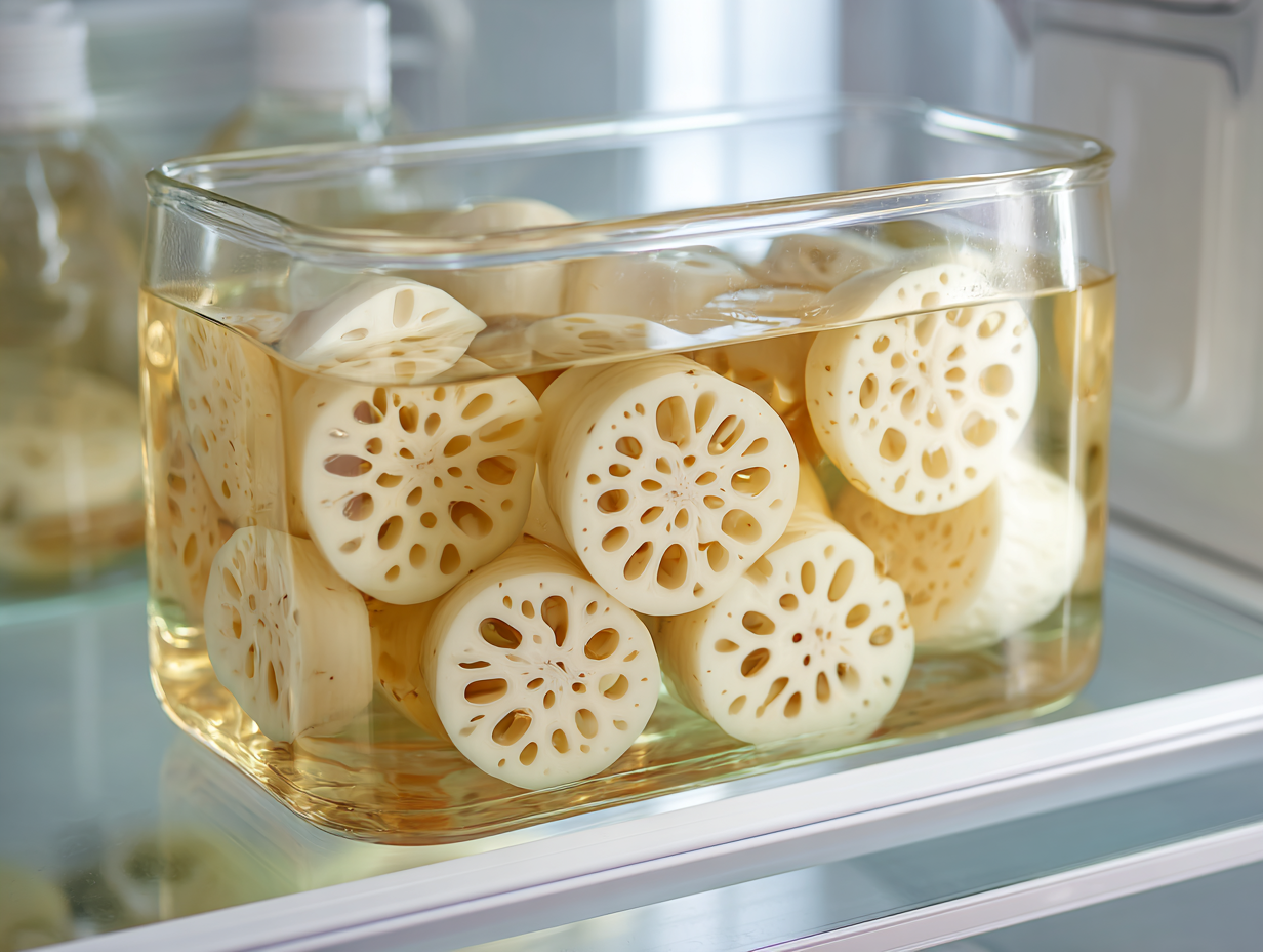 밀폐용기에 보관되어 있는 연근