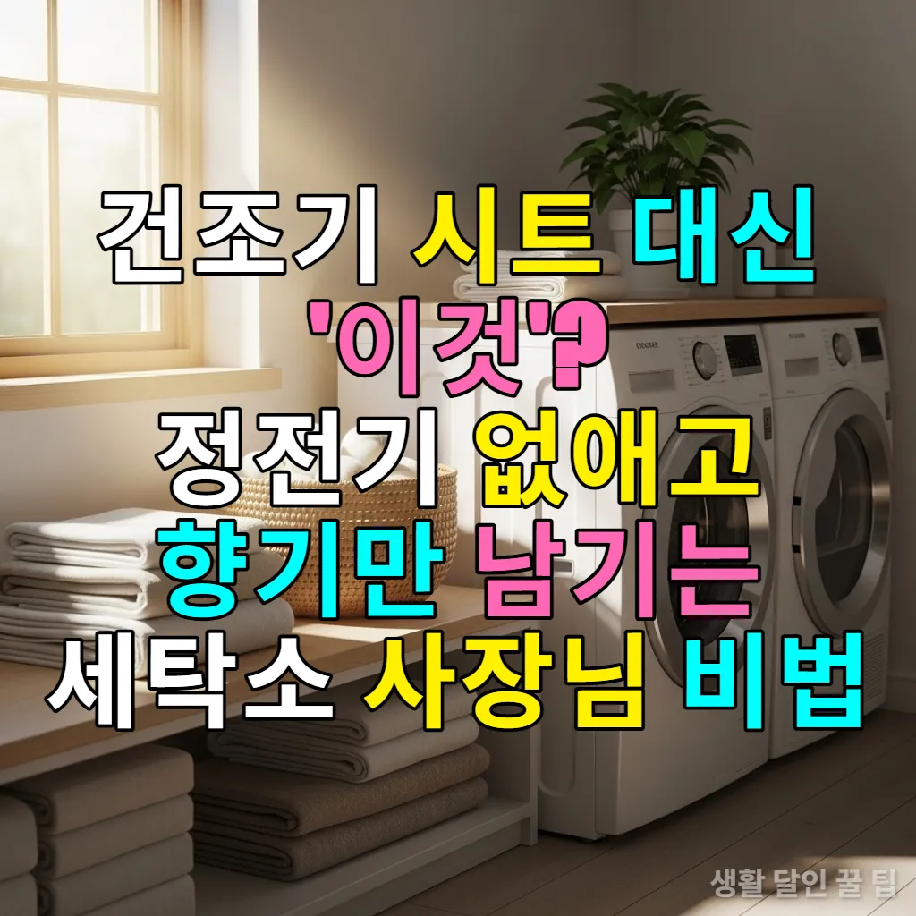 따뜻한 햇살이 비치는 한국 가정의 세탁실에 놓인 양모볼 바구니와 깨끗하게 개어진 수건