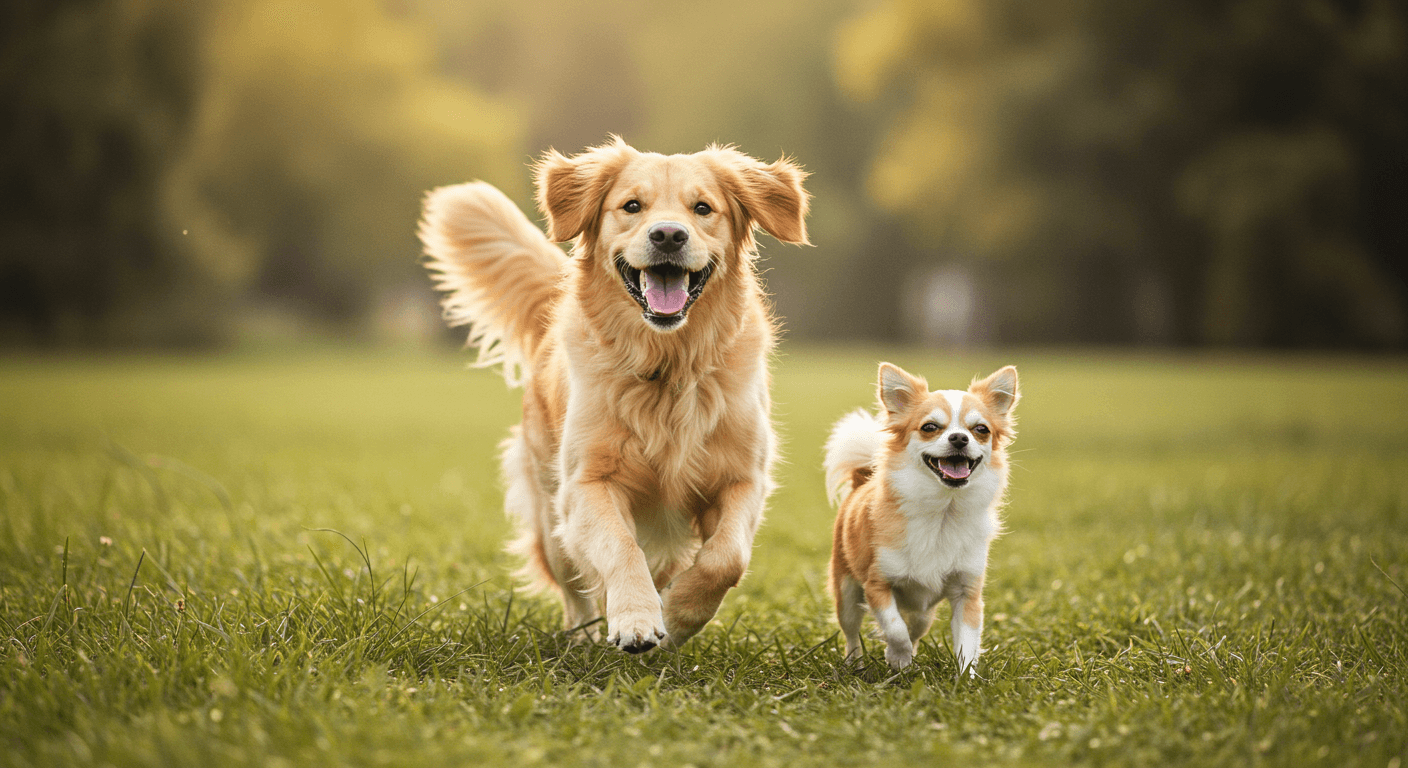 골든 리트리버와 치와와가 풀밭에서 행복하게 달리는 모습