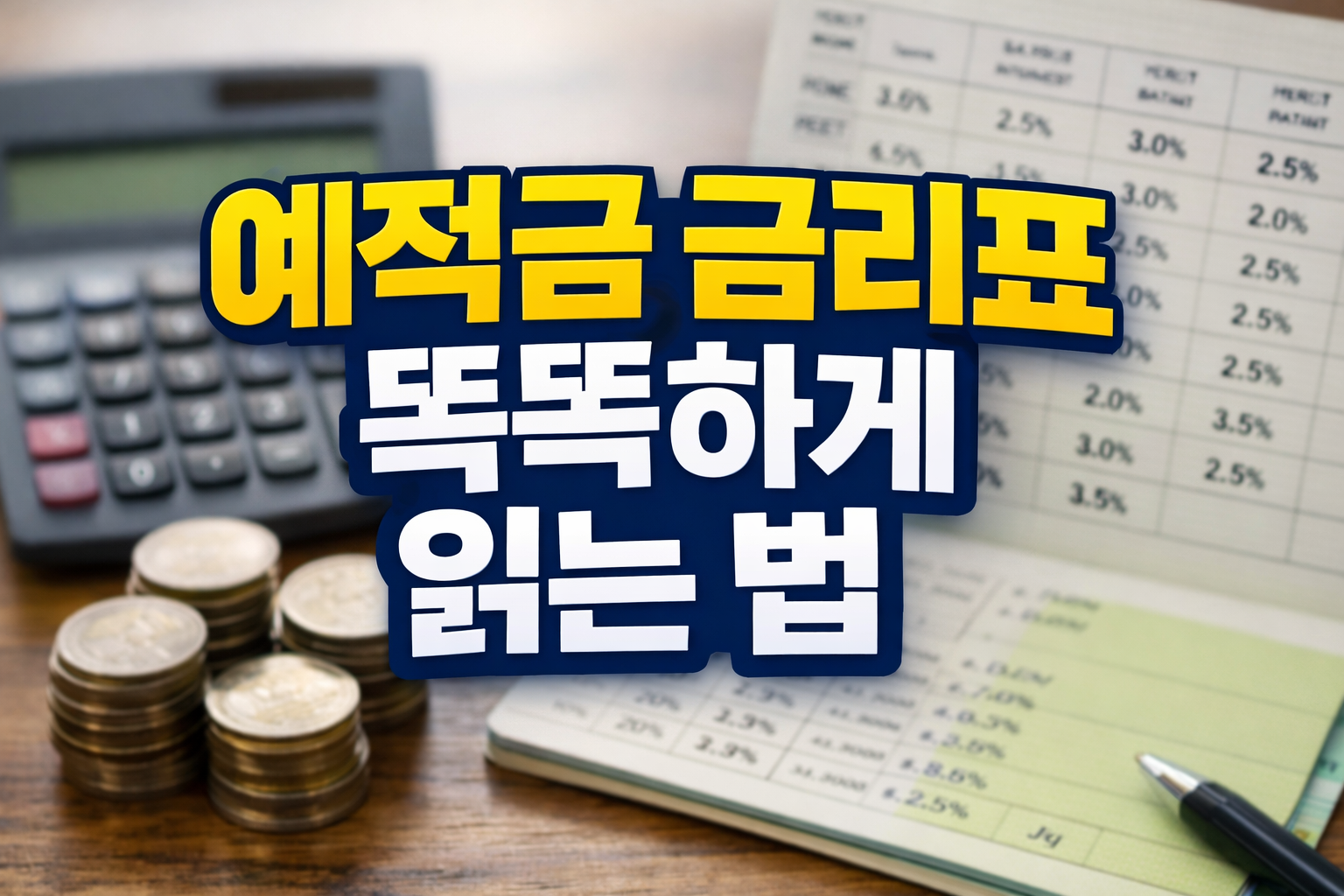 예적금 금리표와 계산기, 동전이 놓인 장면 위에 ‘예적금 금리표 똑똑하게 읽는 법’ 텍스트가 있는 금융 금리 이해 설명 이미지