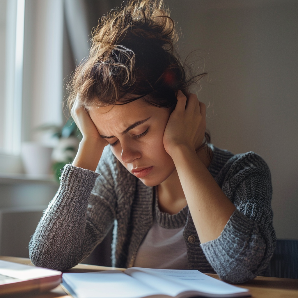 피곤한 표정으로 책상이 앉아있는 여성, 실사형 이미지