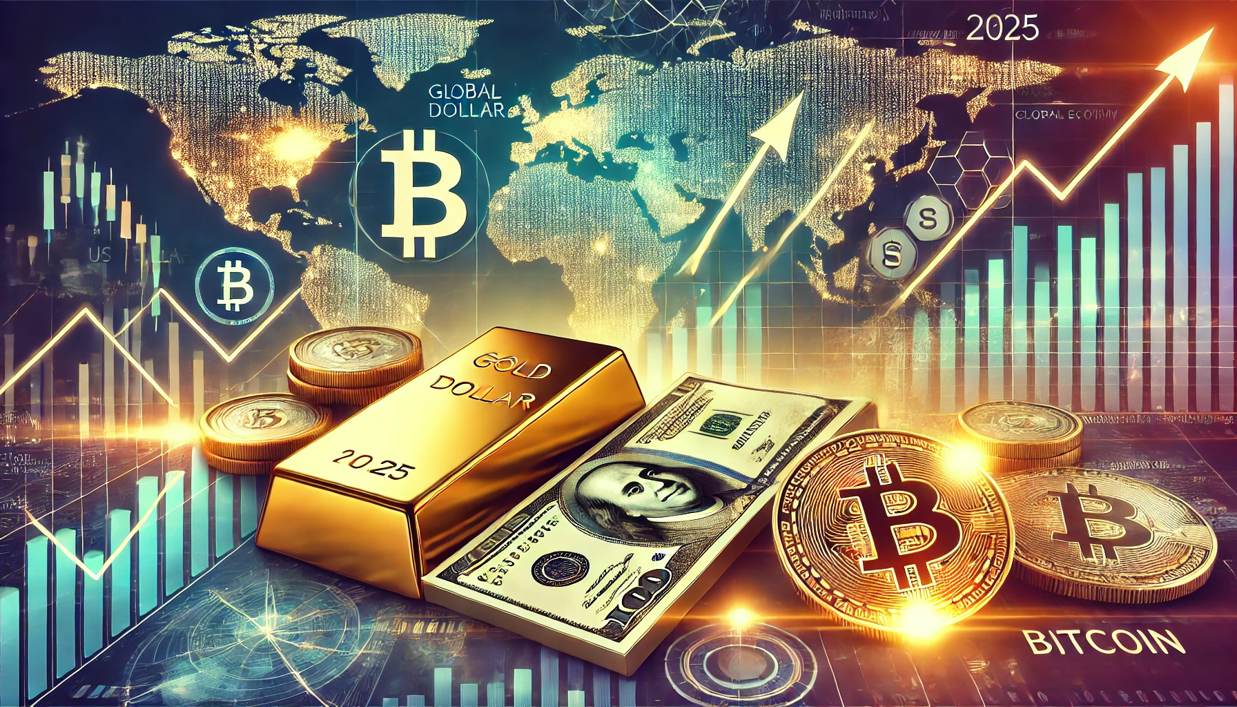 2025년 글로벌 경제, 금, 달러, 비트코인의 흐름을 강조하며 금융 시장의 트렌드를 시각적으로 표현