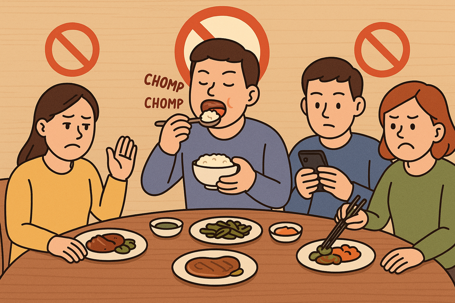 식탁에서 한 사람이 쩝쩝거리며 먹고, 옆 사람들은 눈살을 찌푸리는 장면.
핸드폰 보며 밥 먹는 사람, 공용 반찬에 젓가락을 담그는 모습이 함께 표현된 일러스트.
사람들이 싫어하는 식습관을 경고하는 썸네일.