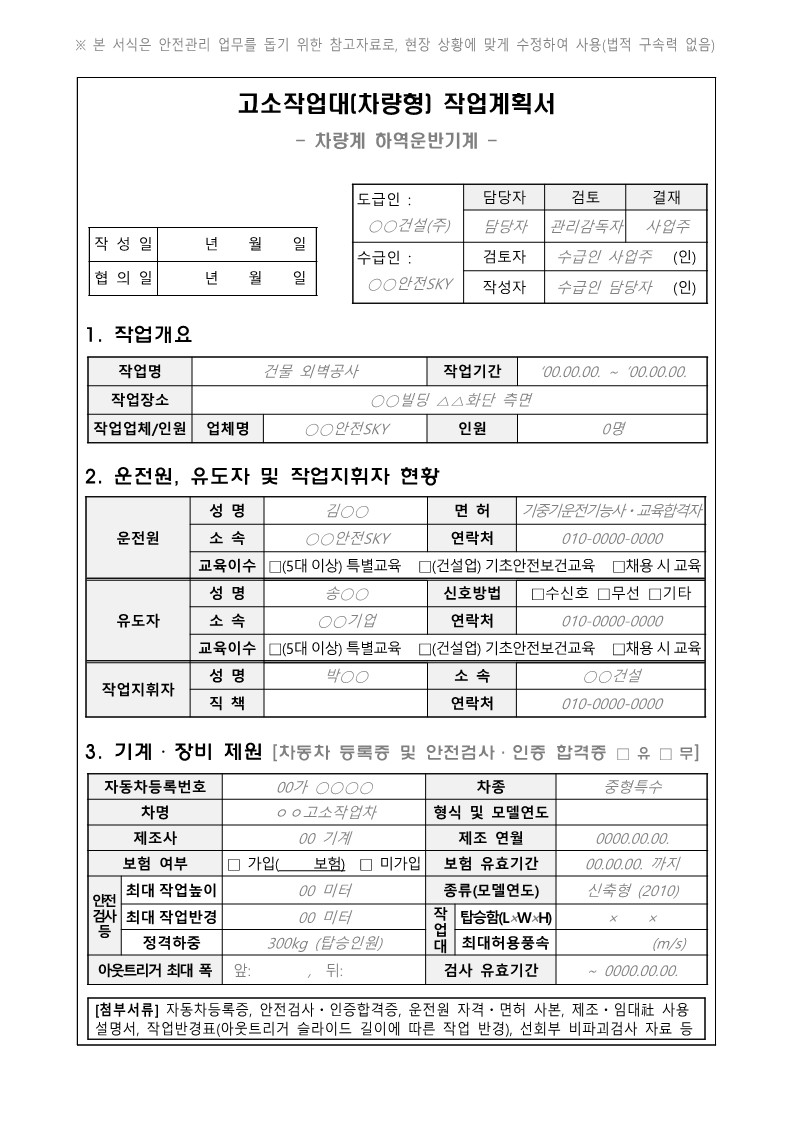 차량형 고소작업대 작업계획서 작성 사항