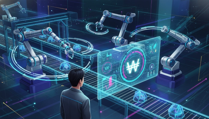 스마트 제조혁신으로 생산성을 높이고 있는 한국 공장 내부와 디지털 대시보드를 보는 한국인 관리자.