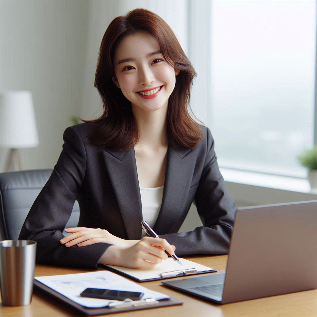 노트북앞에 앉아 있는 여지 이미지