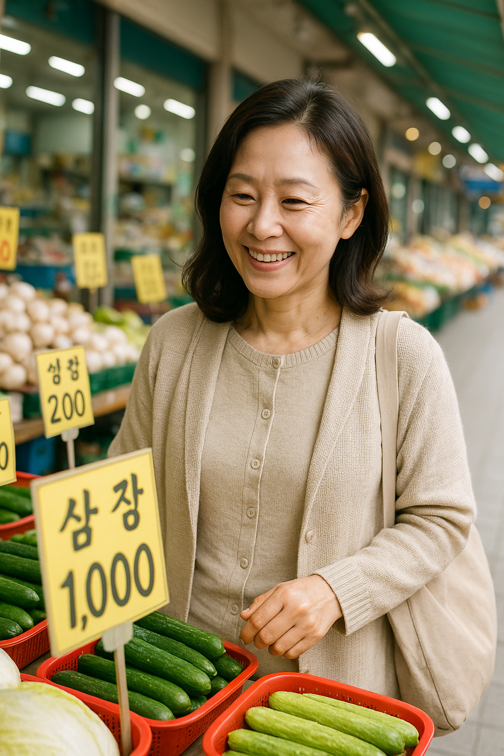 한국 전통시장에서 장을 보는 여성. 물가 안정 정책이 체감되는 현장