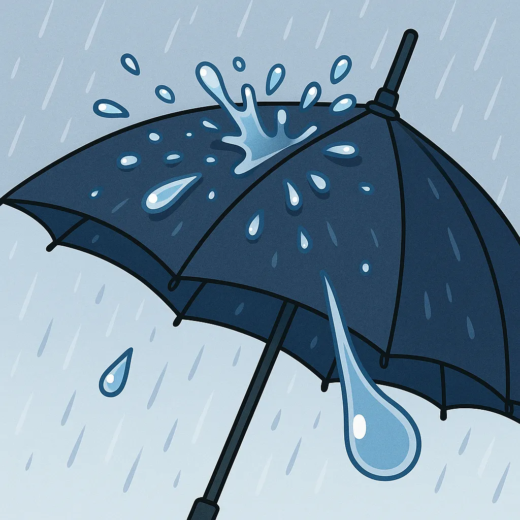 우산-천-위에서-빗방울이-튕겨-나가는-모습을-통해,-발수-코팅된-섬유가-물방울과-접촉각을-이뤄-흡수를-막는-과정을-시각적으로-표현한-과학-일러스트