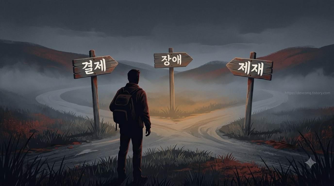 세 갈래 길 표지판 앞에 선 사람의 실루엣, 각 갈래에 결제·장애·제재를 뜻하는 한글 라벨이 붙은 장면