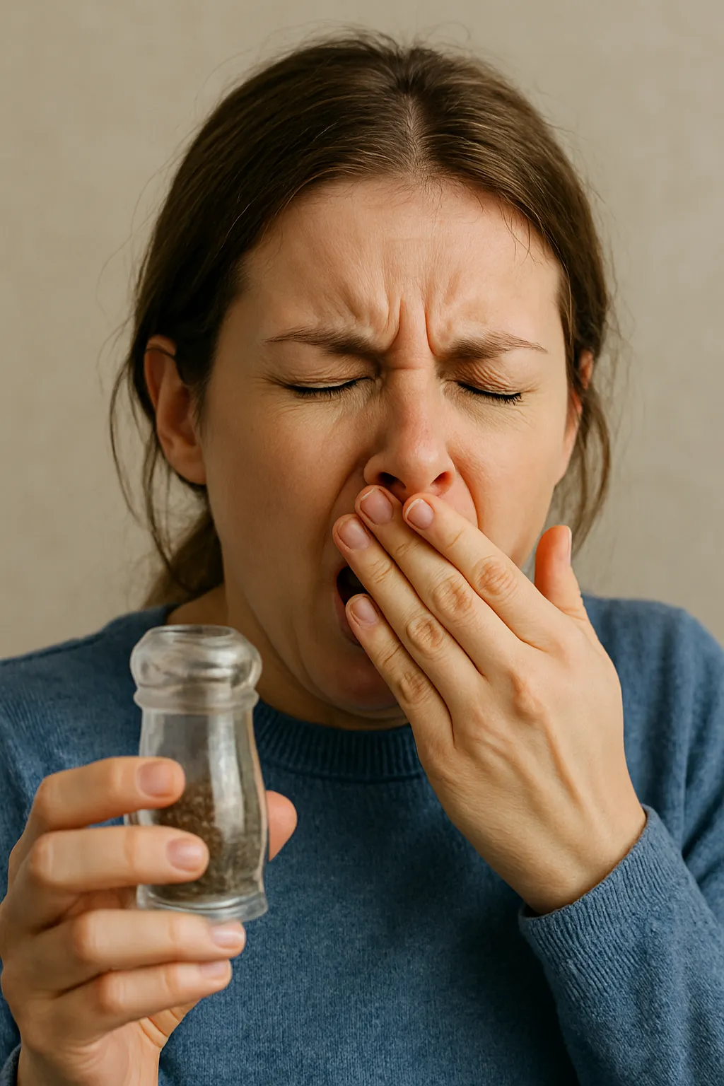 후추-냄새에-반응해-재채기하려는-순간의-여성-표정과-후추통을-든-손