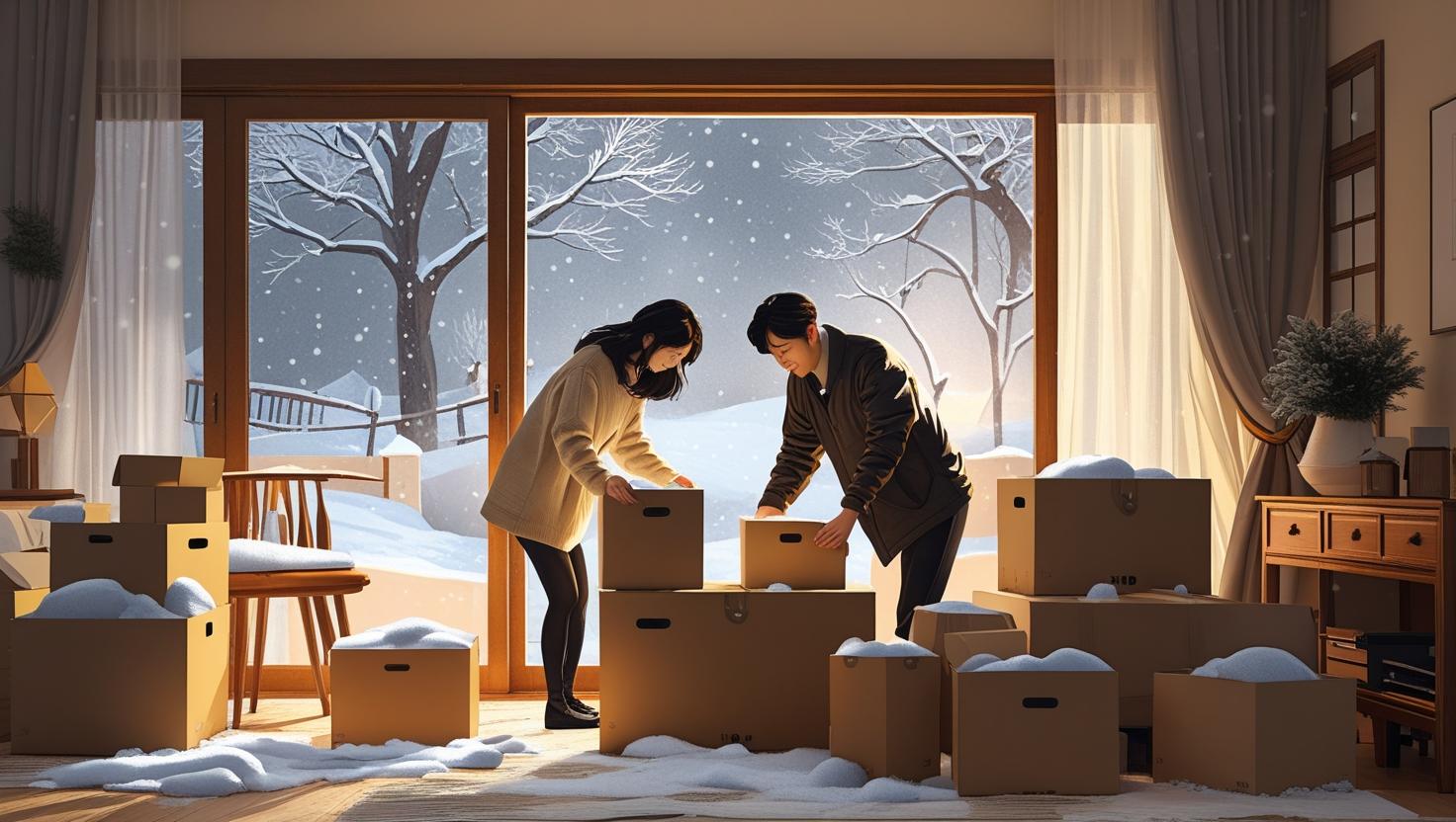 눈오는 날 집안에서 이삿짐을 싸는 부부