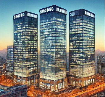 저녁노을이지는 도시에 큰건물 3동이 있는 모습