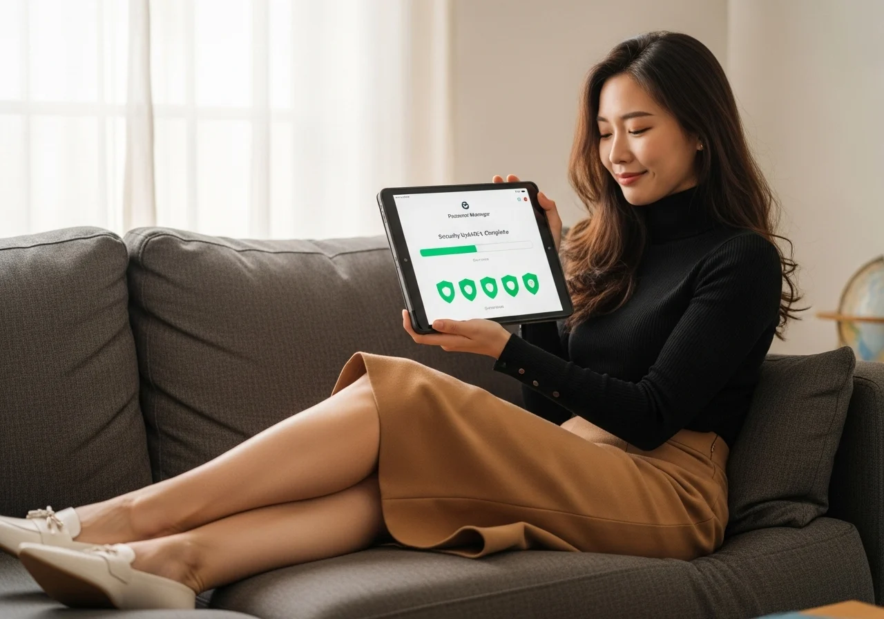 젊은 한국인 여성이 태블릿으로 비밀번호 보안 업데이트를 완료하고 안도하고 있다