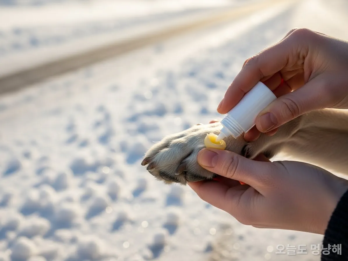 눈길 산책 전 강아지 발바닥에 풋밤을 바르는 모습과 바닥에 뿌려진 염화칼슘 경고 이미지