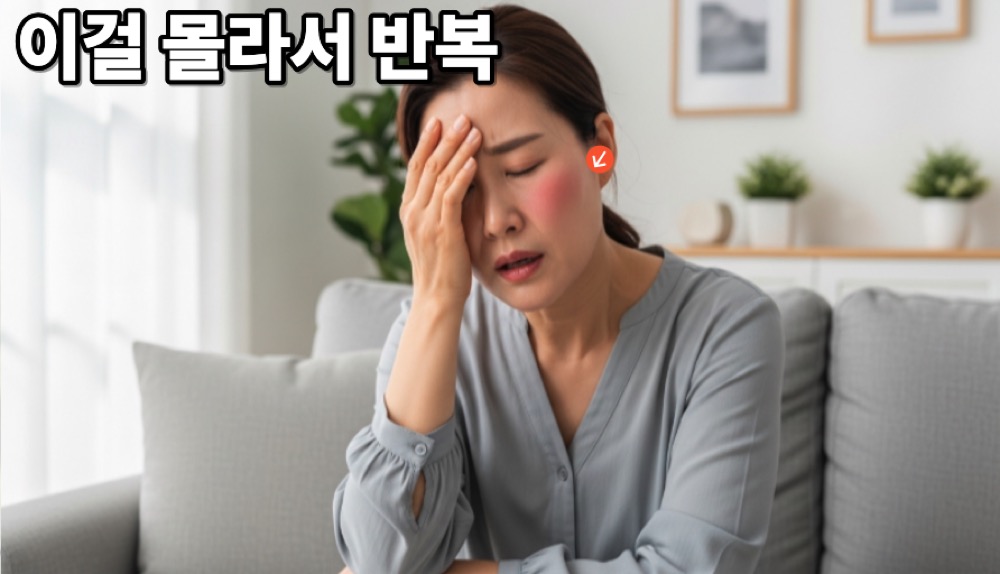 갱년기 원인으로 열감과 피로를 느끼며 고민하는 모습