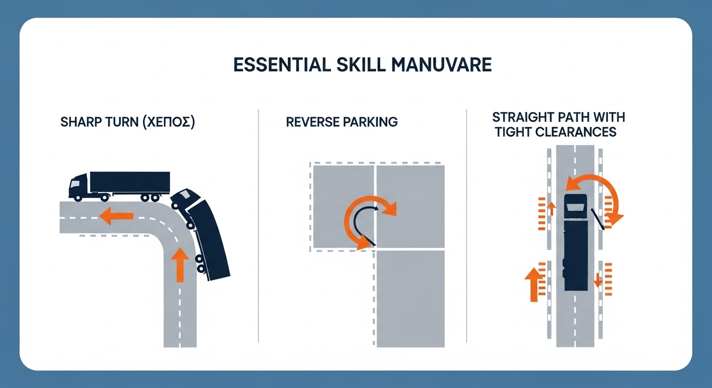 대형면허 시험의 굴절, S자, 방향 전환 코스 등 주요 코스들을 도식화한 인포그래픽