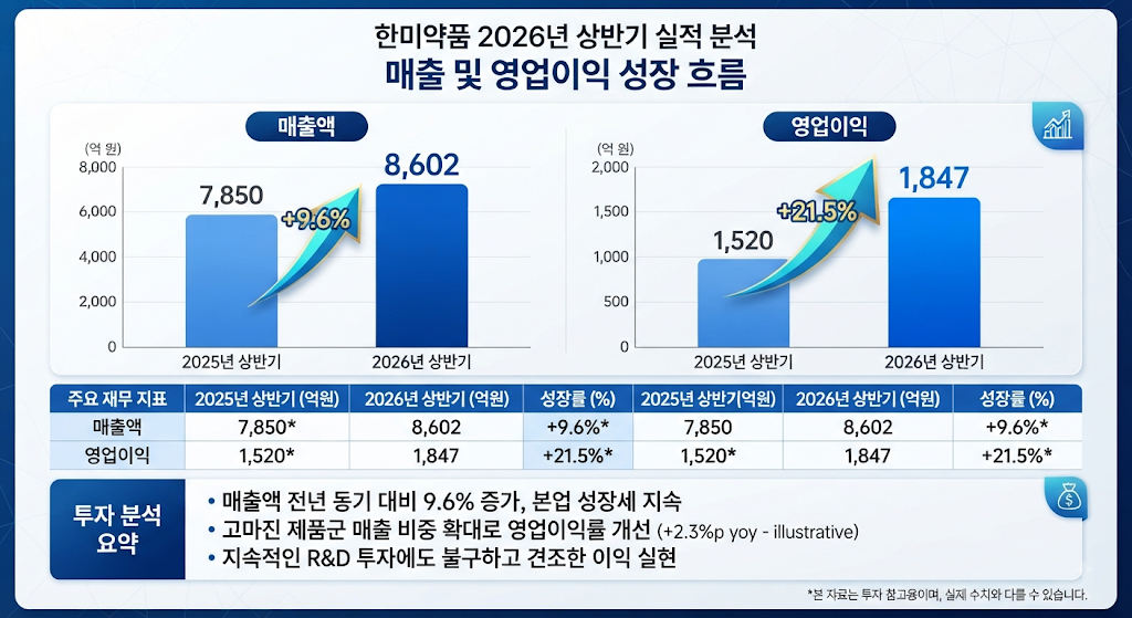 한미약품 2026년 상반기 매출과 영업이익 증가 추이를 보여주는 그래프