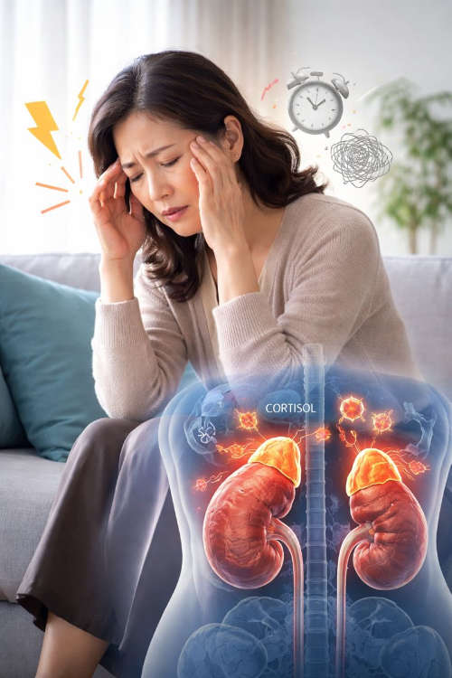 중년 여성이 스트레스와 만성 피로로 인해 부신 기능 저하를 겪는 모습을 표현한 의료 일러스트