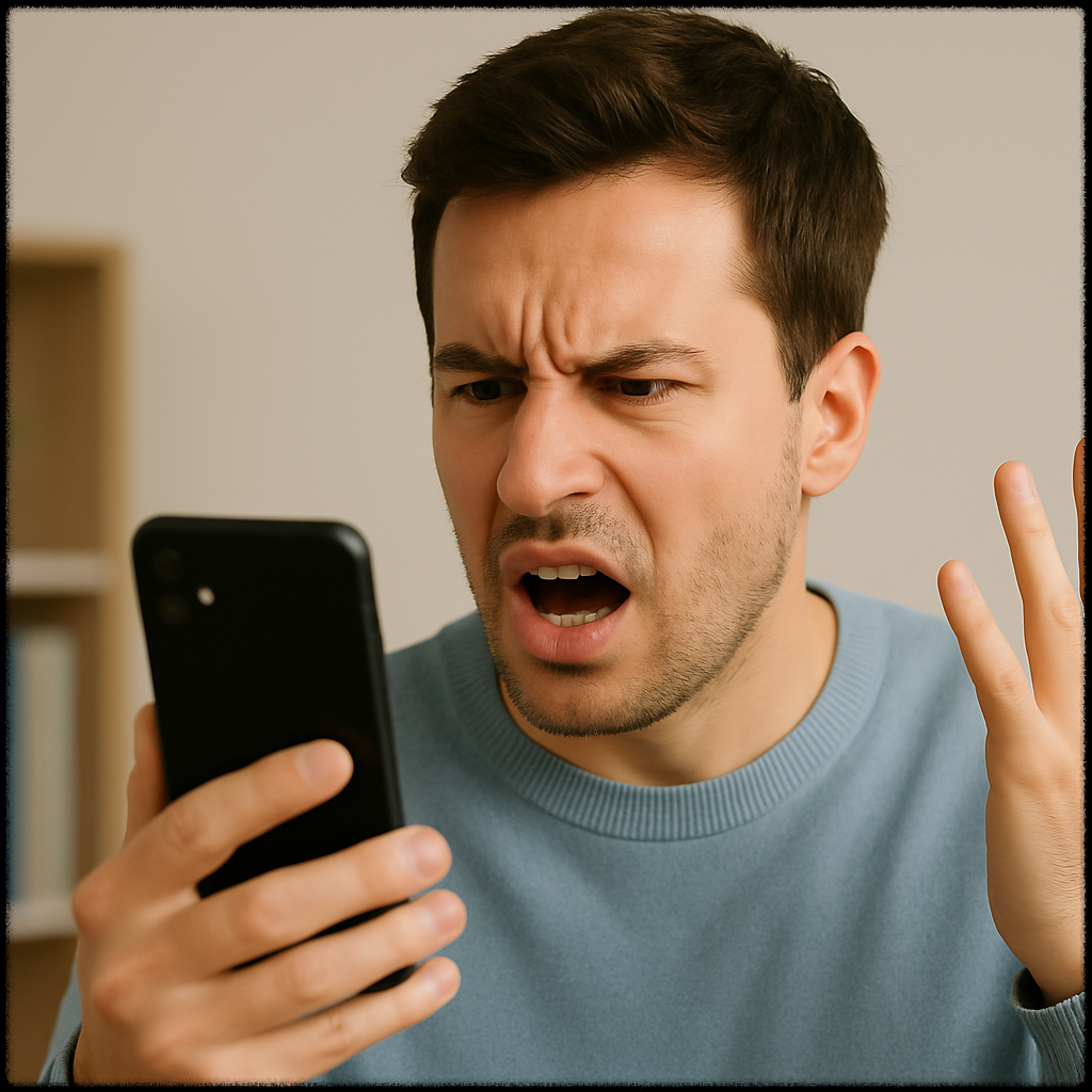 스마트폰을 보며 팝업 광고에 짜증을 내는 사용자