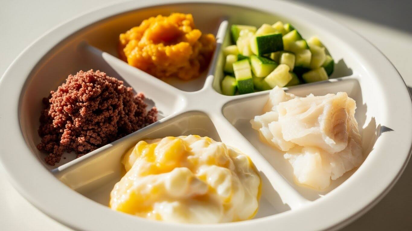 아기용 흰색 플레이트 위에
소고기 미트파우더, 단호박, 애호박, 계란 노른자 으깬 것, 대구살이 담긴 형태