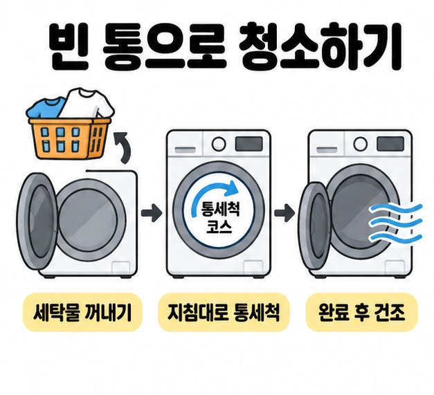 세탁물을 꺼낸 빈 통으로 지침에 맞춰 통세척을 진행하고 완료 후 문을 열어 건조하는 순서를 보여주는 이미지