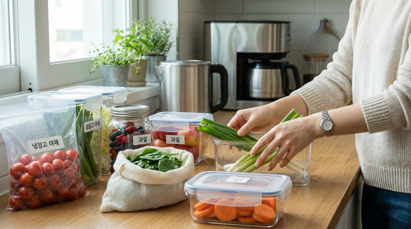 과학적으로 분류되어 신선하게 보관된 다양한 채소와 과일