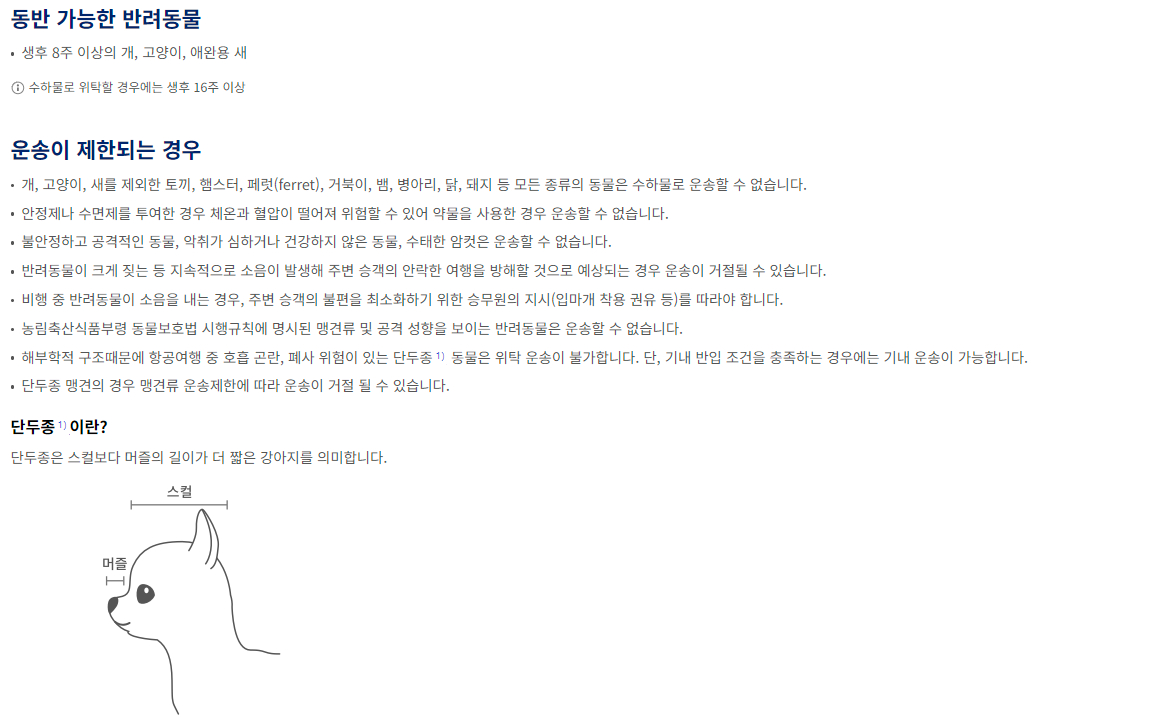 대한항공 비행기 동반 가능한 반려동물