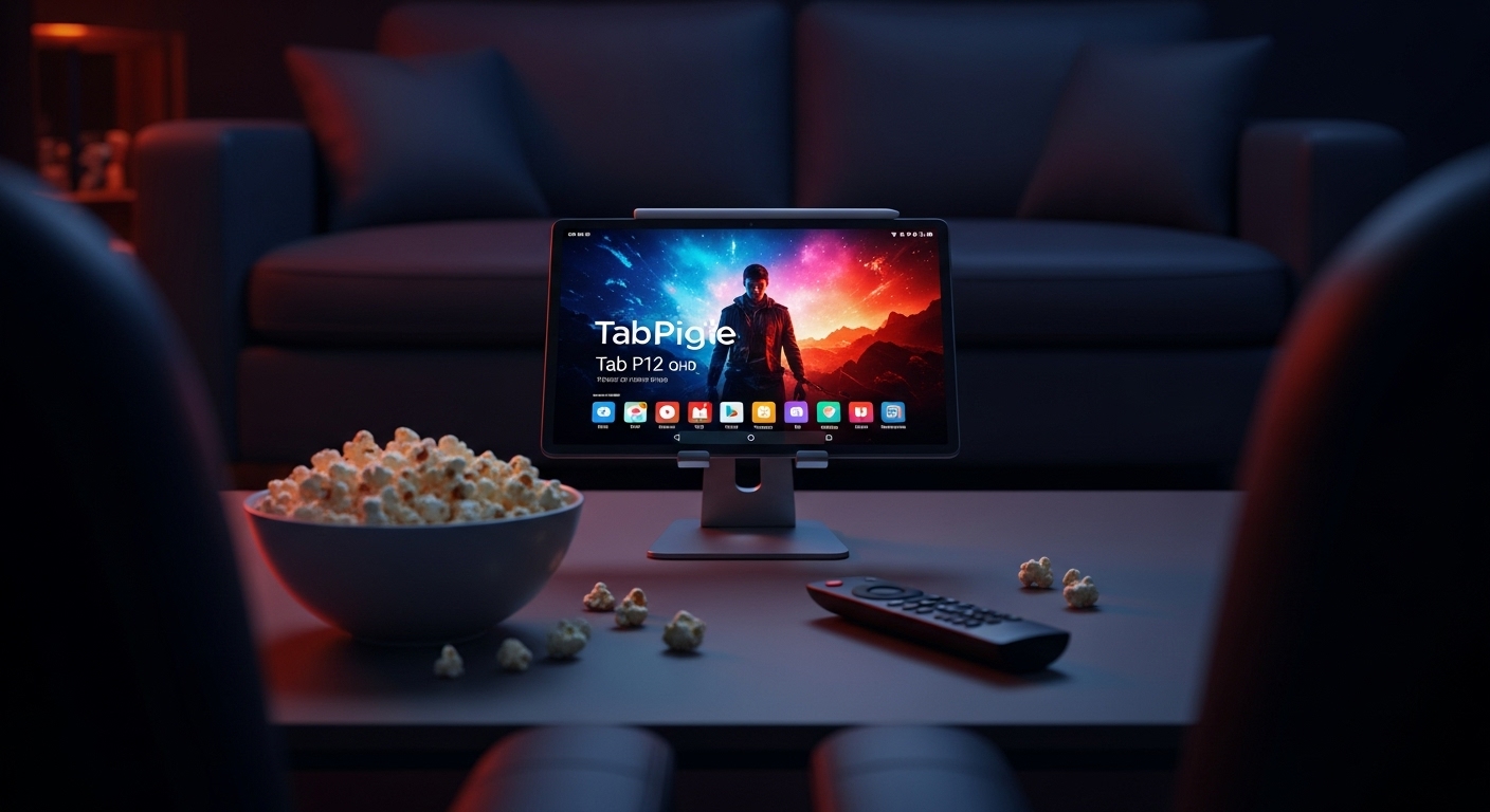 어두운 방에서 스탠드에 거치된 레노버 탭 P12가 영화를 재생하고 있는 모습. 팝콘이 옆에 놓여 있어 홈시어터 분위기를 연출한다.