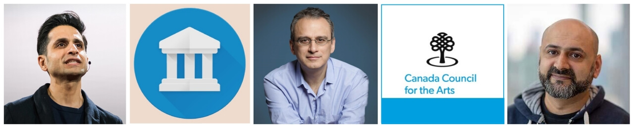 (왼편에서부터) GAC 디렉터 아밋 수드&#44; GAC 로고&#44; 문명비평가 윌리엄 데레저위츠&#44; 캐나다예술위원회(CCA) 로고&#44; 캐나다 테크놀로지 칼럼니스트 나브닛 알랭 (사진=김정학 제공)