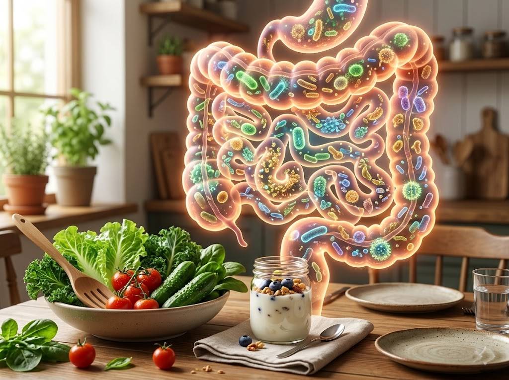 싱싱한 채소와 요거트가 놓인 식탁 배경에 장 모양의 미생물 생태계가 건강하게 빛나는 3D 그래픽 스타일