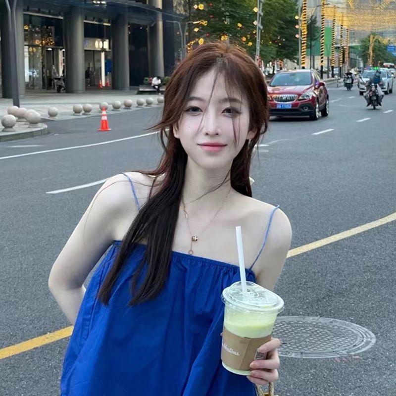 파란색 코발트블루 나시 민소매 슬리브리스 여성 여자 상의 티 여름 워터밤 휴가 이너 흠뻑쇼