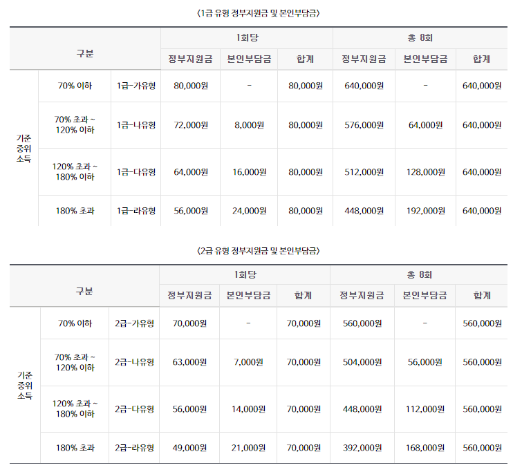 정부지원금 및 본인부담금 표