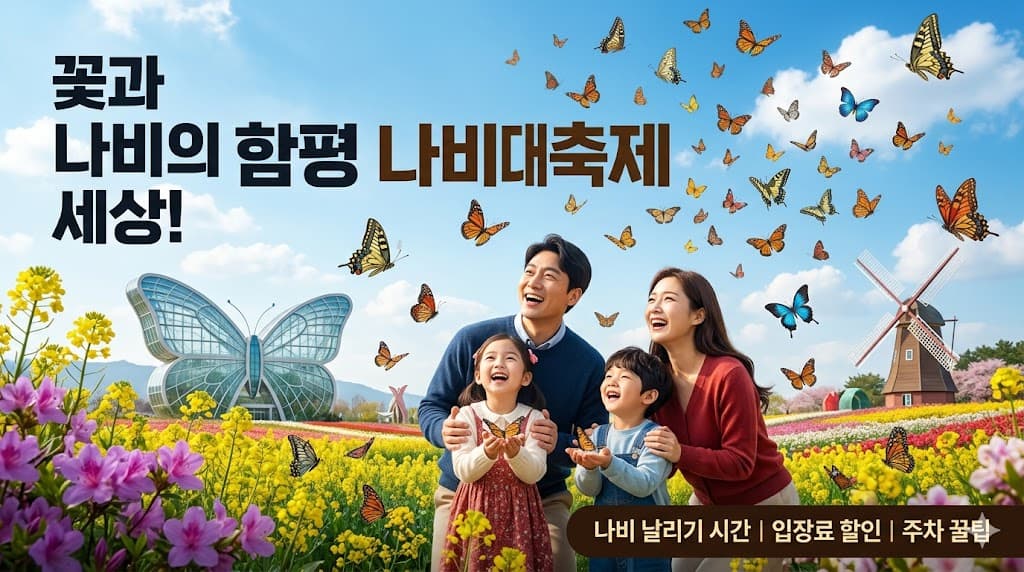화사한 꽃밭과 날아다니는 나비들을 배경으로 한 2026 함평 나비대축제 홍보 썸네일