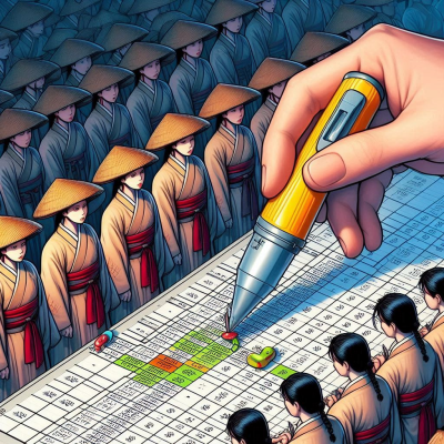 연필로 스프레드시트를 채우고 있는 가운데 줄지어 선 캐릭터들