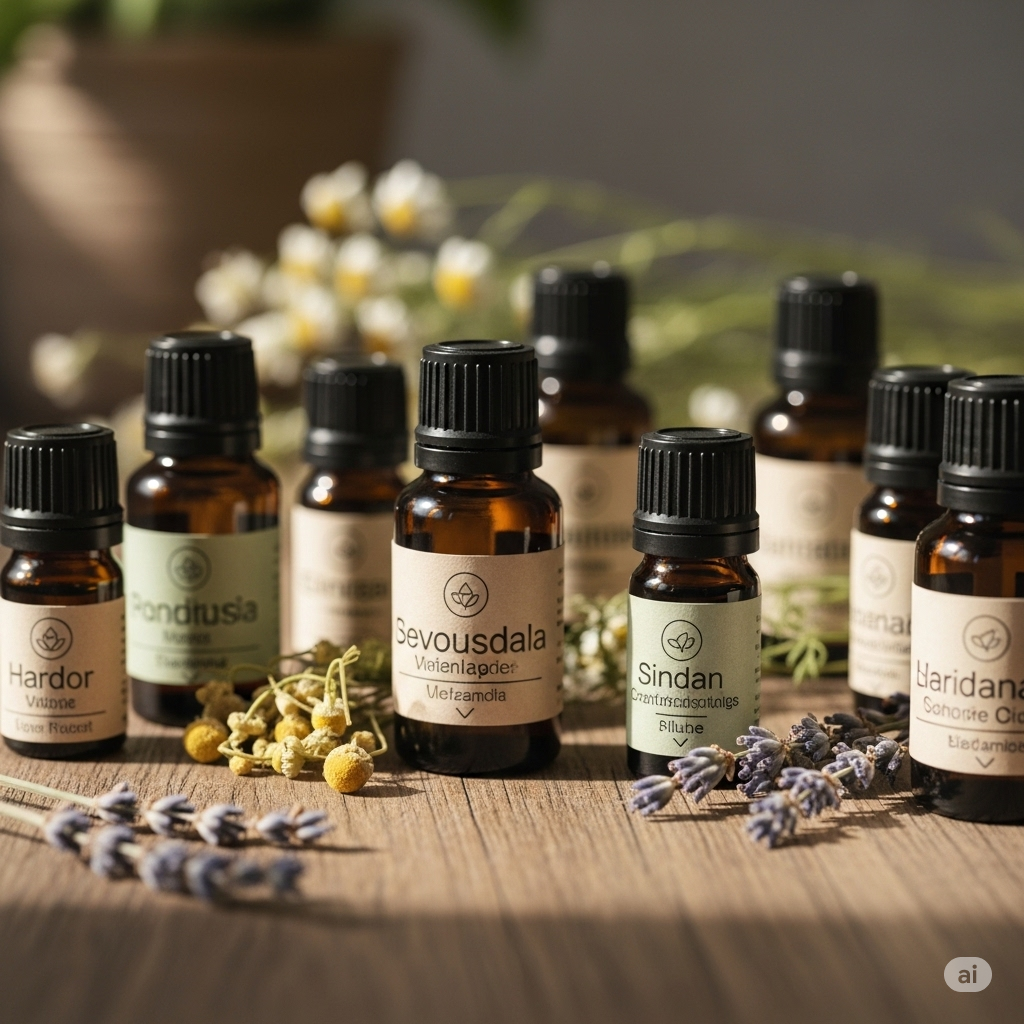 다양한 에센셜 오일 병들의 클로즈업
