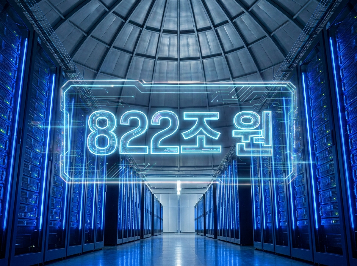 대규모 데이터센터 내부의 푸른색 조명과 빼곡한 서버 랙, 중앙에 822조 원을 상징하는 디지털 숫자 인포그래픽