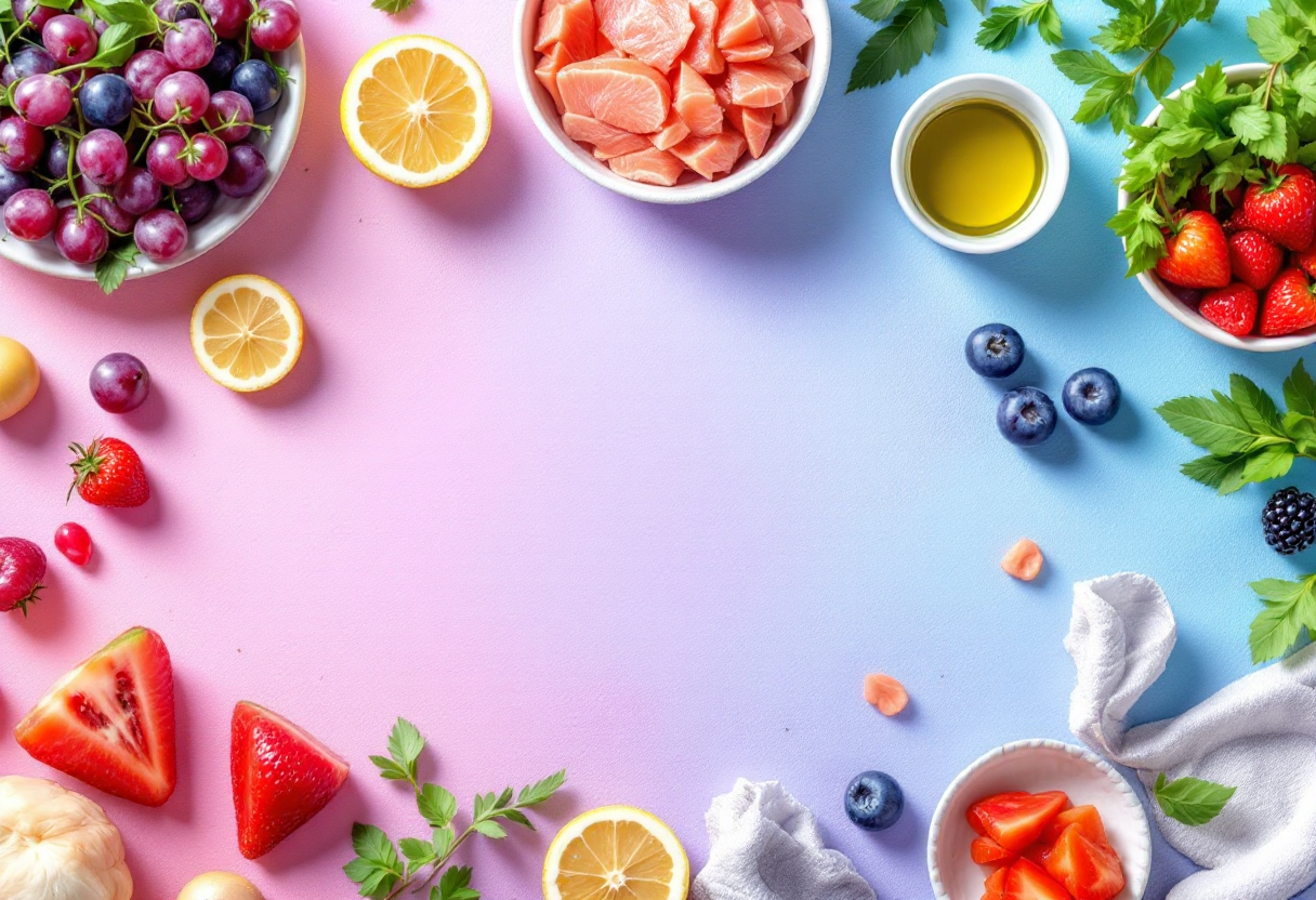 테이블 위에 베리, 딸기,야채, 올리브유