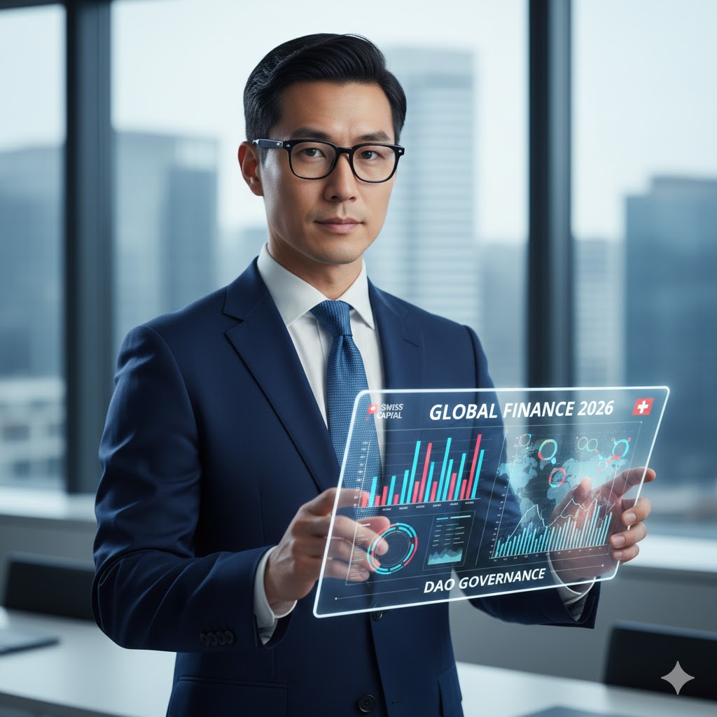 A professional financial expert in a navy suit presenting a sleek, futuristic tablet showing complex 2026 global economic data charts and DAOs governance structures. The background is a clean, high-end Swiss financial office setting.]