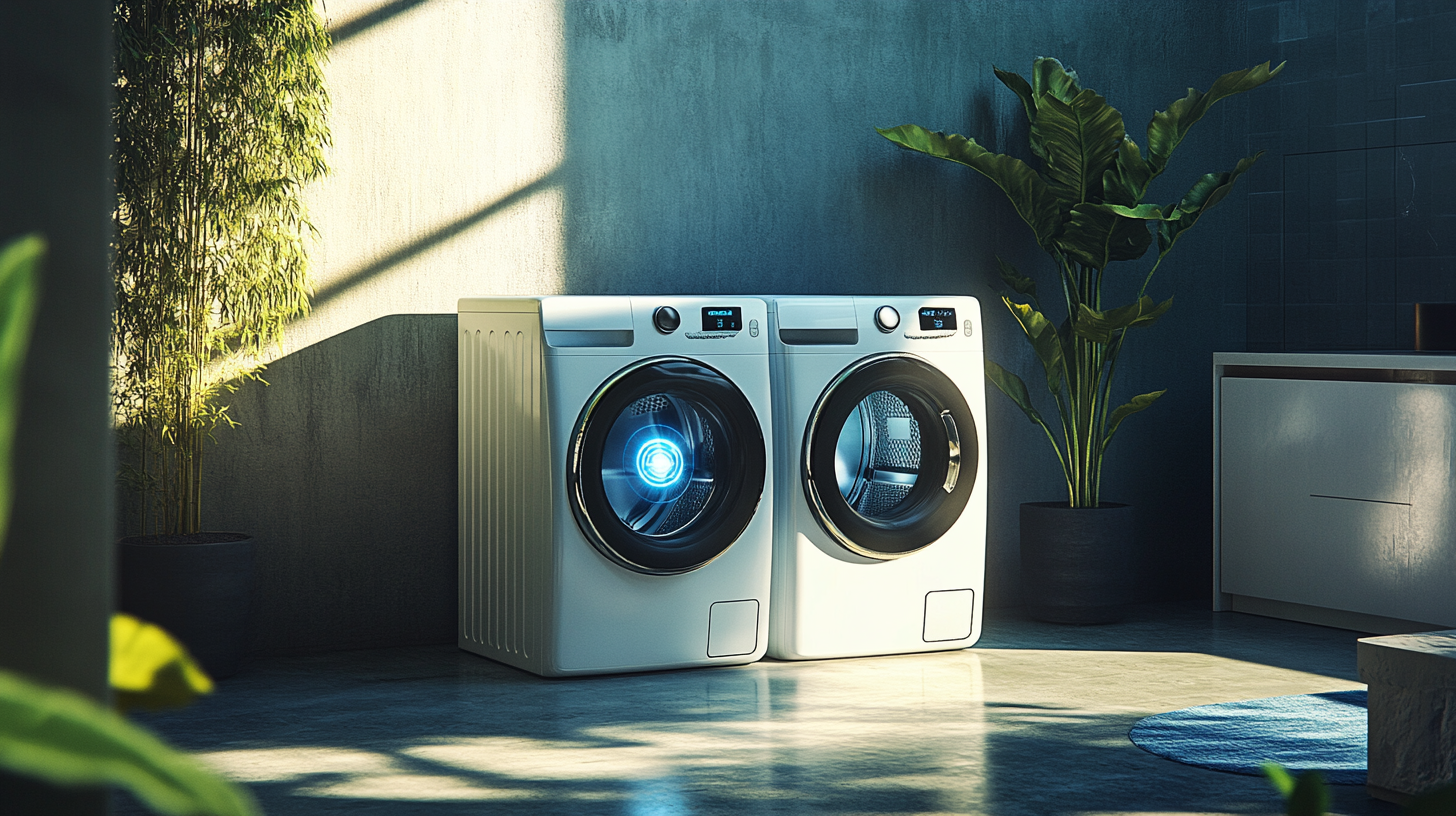 AI 기술이 삼성 BESPOKE 세탁기 및 건조기와 상징적으로 상호작용하는 예술적 표현 이미지.