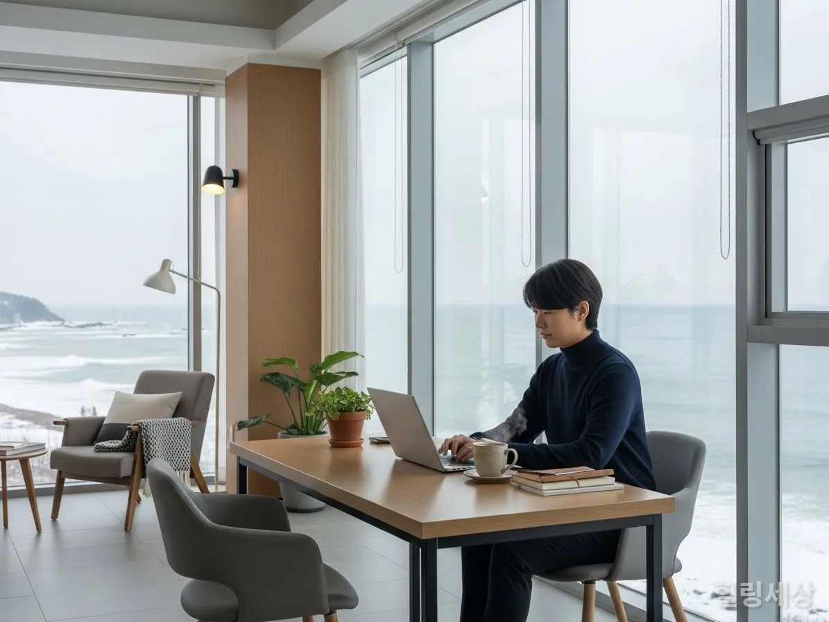 겨울 바다 전망의 한국 워케이션 숙소에서 일하는 모습