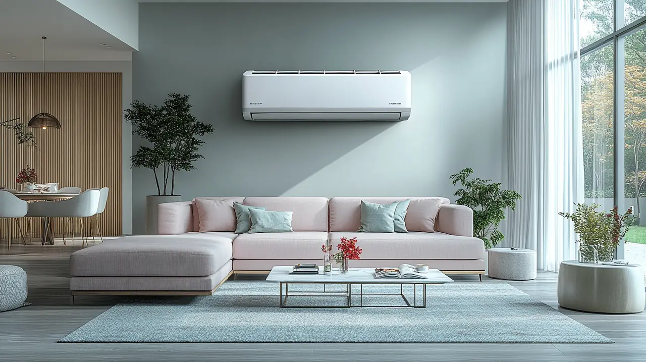 세련된 거실에서 모던한 에어컨이 현대적인 인테리어와 조화를 이루고 있습니다. 자연광이 부드럽게 퍼지며 스타일리시하고 편안한 분위기를 연출합니다.