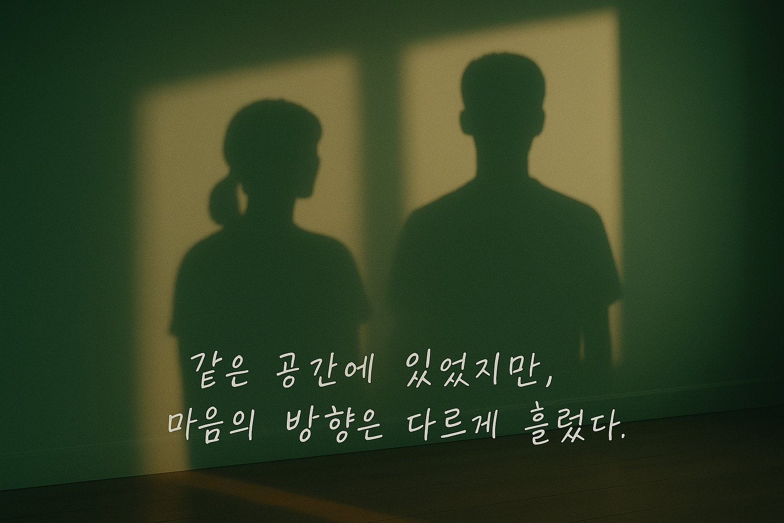초록빛이 감도는 방 한쪽 벽에 남녀 두 사람의 실루엣 그림자가 나란히 비친 장면. 따뜻한 빛이 바닥으로 길게 드리워져 있지만, 화면 아래에는 &lsquo;같은 공간에 있었지만, 마음의 방향은 다르게 흘렀다.&rsquo;라는 문장이 적혀 있어 정서적 거리감과 쓸쓸함을 느끼게 한다.