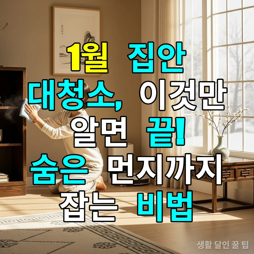 새해를 맞아 깨끗하게 청소된 한국식 거실에서 한 여성이 웃으며 먼지를 닦는 모습