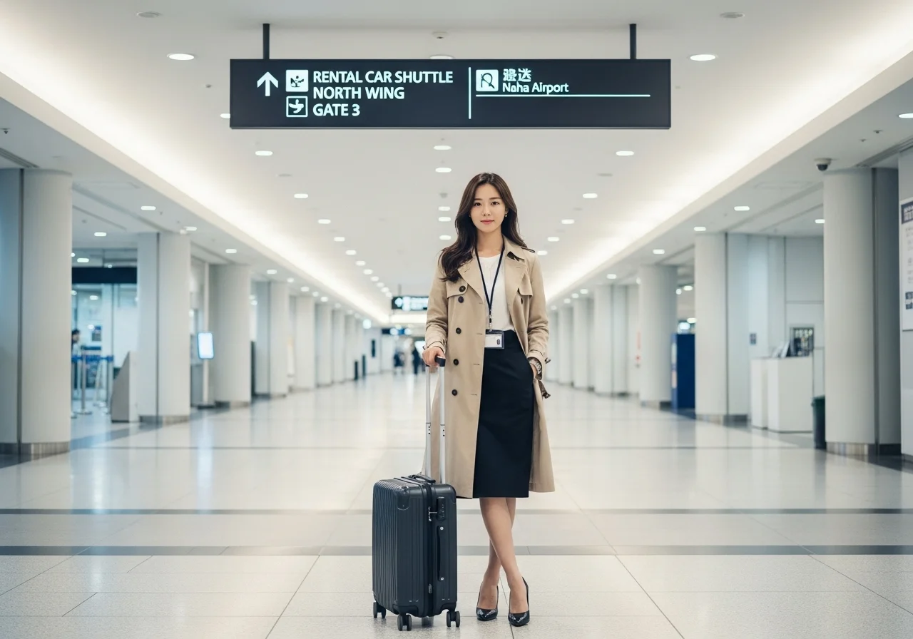 오키나와 나하공항에 도착해서 렌트카 사무실로 이동하는 비지니스 여행자의 모습