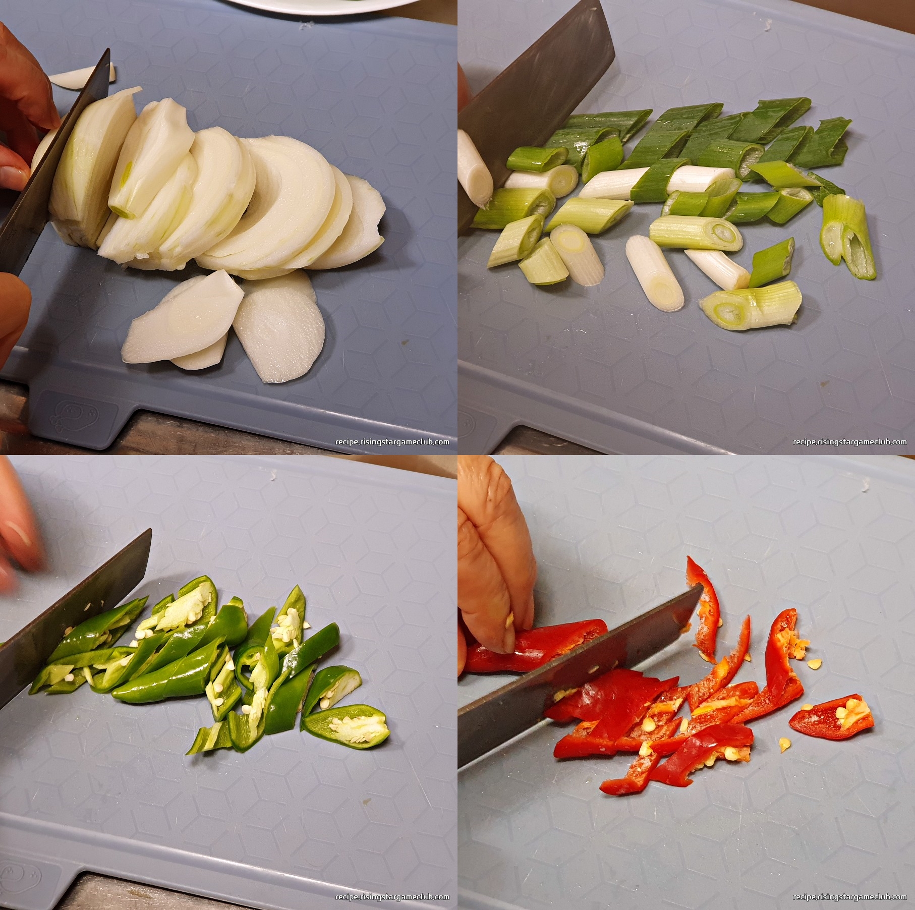 고등어무조림에 들어갈 야채(양파, 대파, 풋고추, 홍고추)를 손질하는 사진