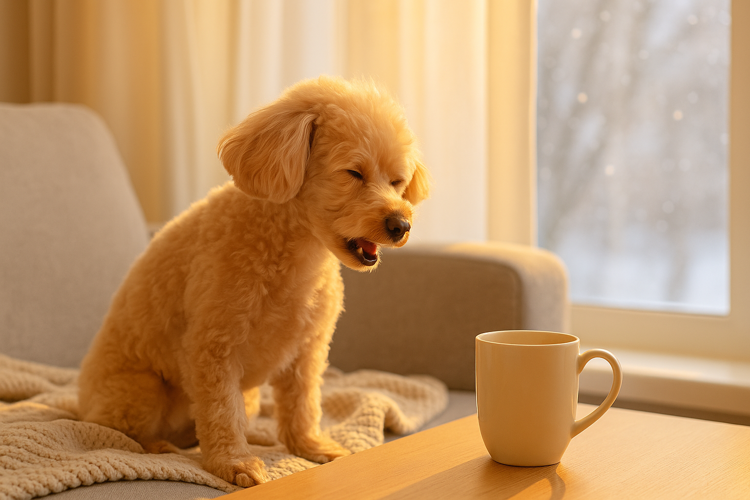 창가에서 콧물을 흘리며 졸고 있는 강아지 이미지