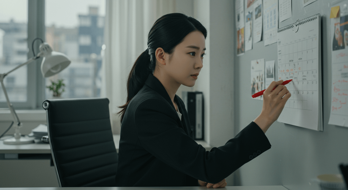 여성이 달력에서 10월 31일과 11월 30일을 붉은색으로 표시하는 모습 2